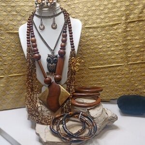 Vintage Brown seed bead wood and brass bamboo jewelry bundle